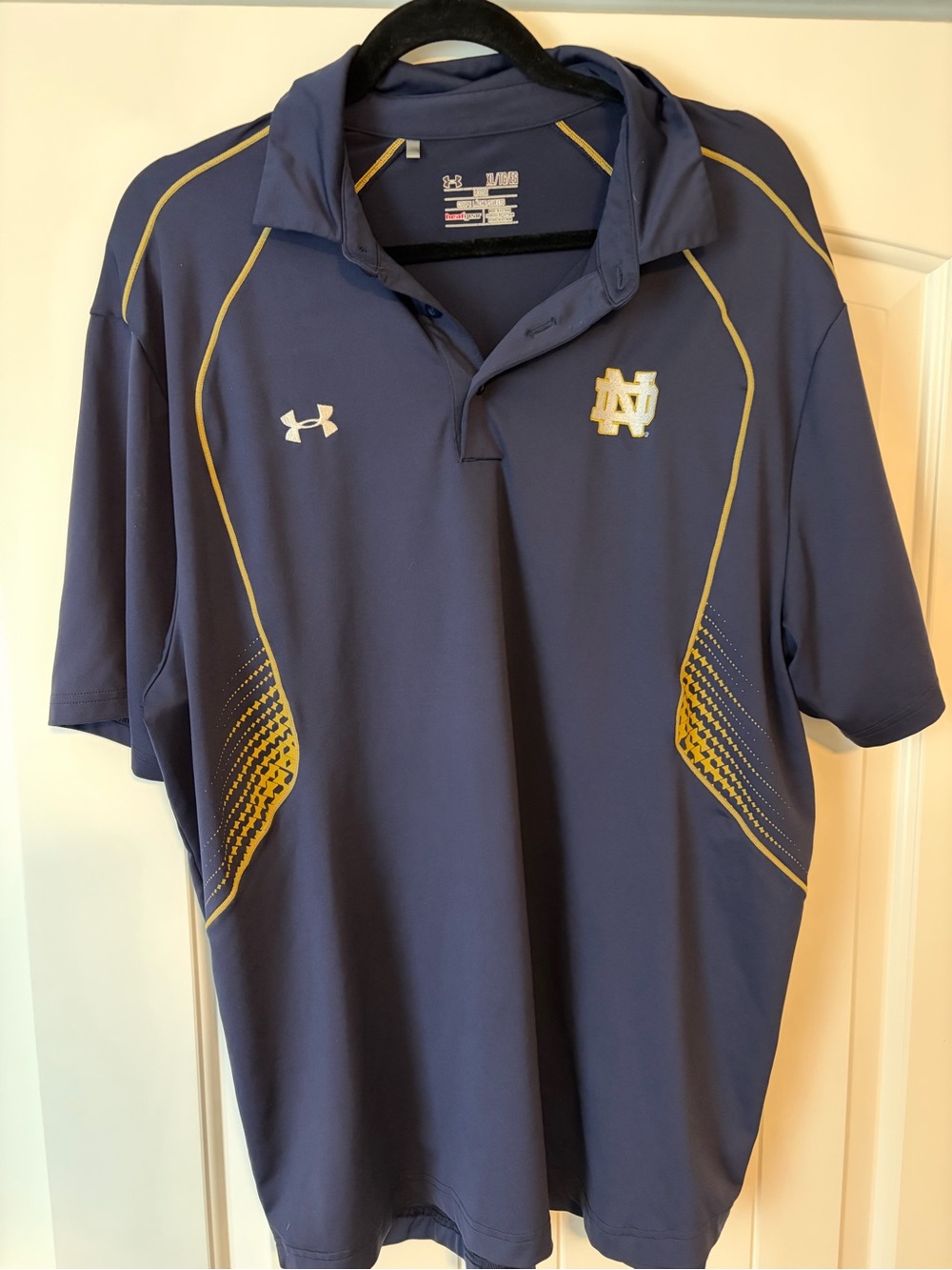 Under Armour Men’s Navy and Gold Short Sleeve Polo with Notre Dame Logo